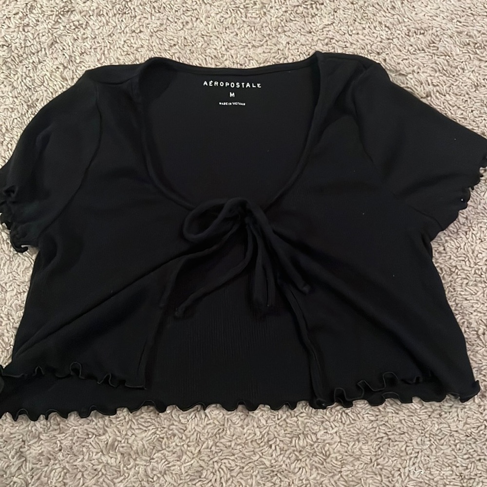 Aeropostale Black Tie-Up Cropped Short Sleeve T-Shirt | Size Medium